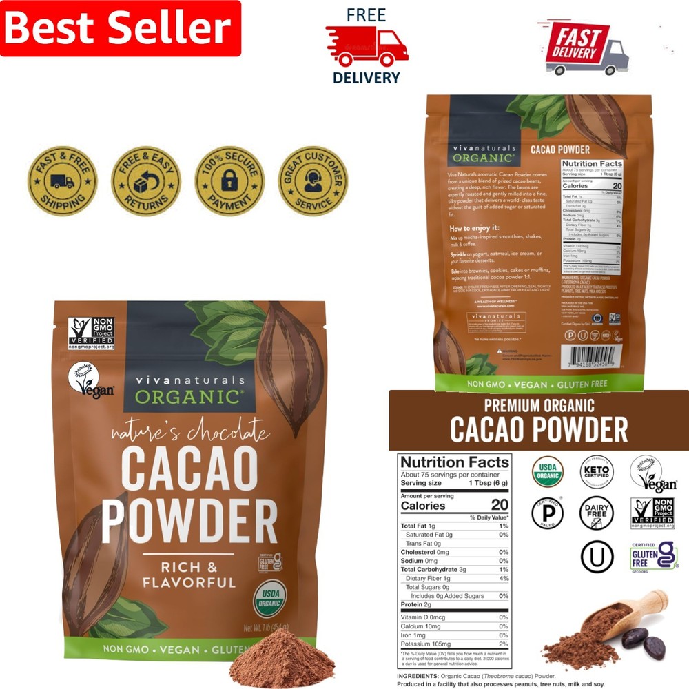 Organic Unsweetened Cacao Powder 1 lb – Rich Dark Chocolate, & Keto