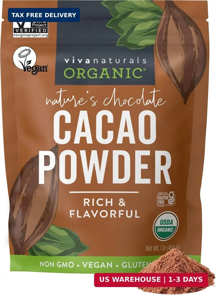 Organic Cacao Powder, Unsweetened, 1 lb (454 g) – Rich Dark Chocolate Flavor