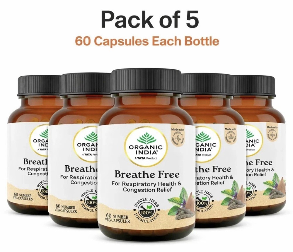 Organic India Breathe Free 60 Veg Capsules Ayurvedic Herbal Wellness 5 Pack