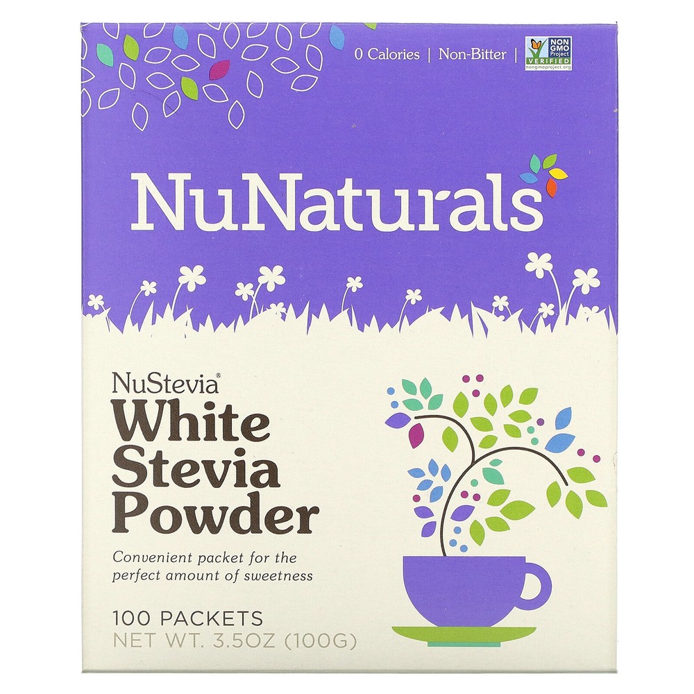 NuNaturals NuStevia White Stevia Powder 100 Packets 3 5 oz 100 g Soy-Free,