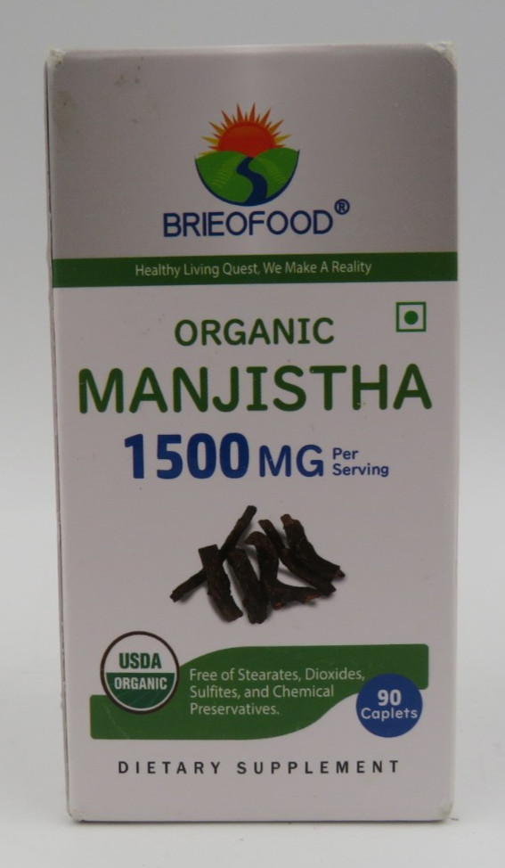 Brieofood Organic Manjistha 1500mg, 45 Servings 90 Caplets Exp 06/27