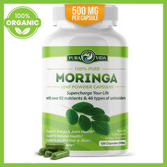 PURA VIDA ORGANIC MORINGA CAPSULES 120CT 500MG SINGLE ORIGIN MORINGA LEAF POWDER