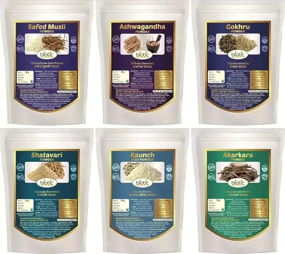 Safed Musli, Ashwagandha, Shatavari, Kaunch, Gokhru, Akarkara Powder