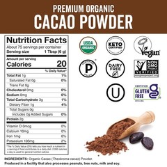 Organic Cacao Powder, Unsweetened, 1 lb (454 g) – Rich Dark Chocolate Flavor, P