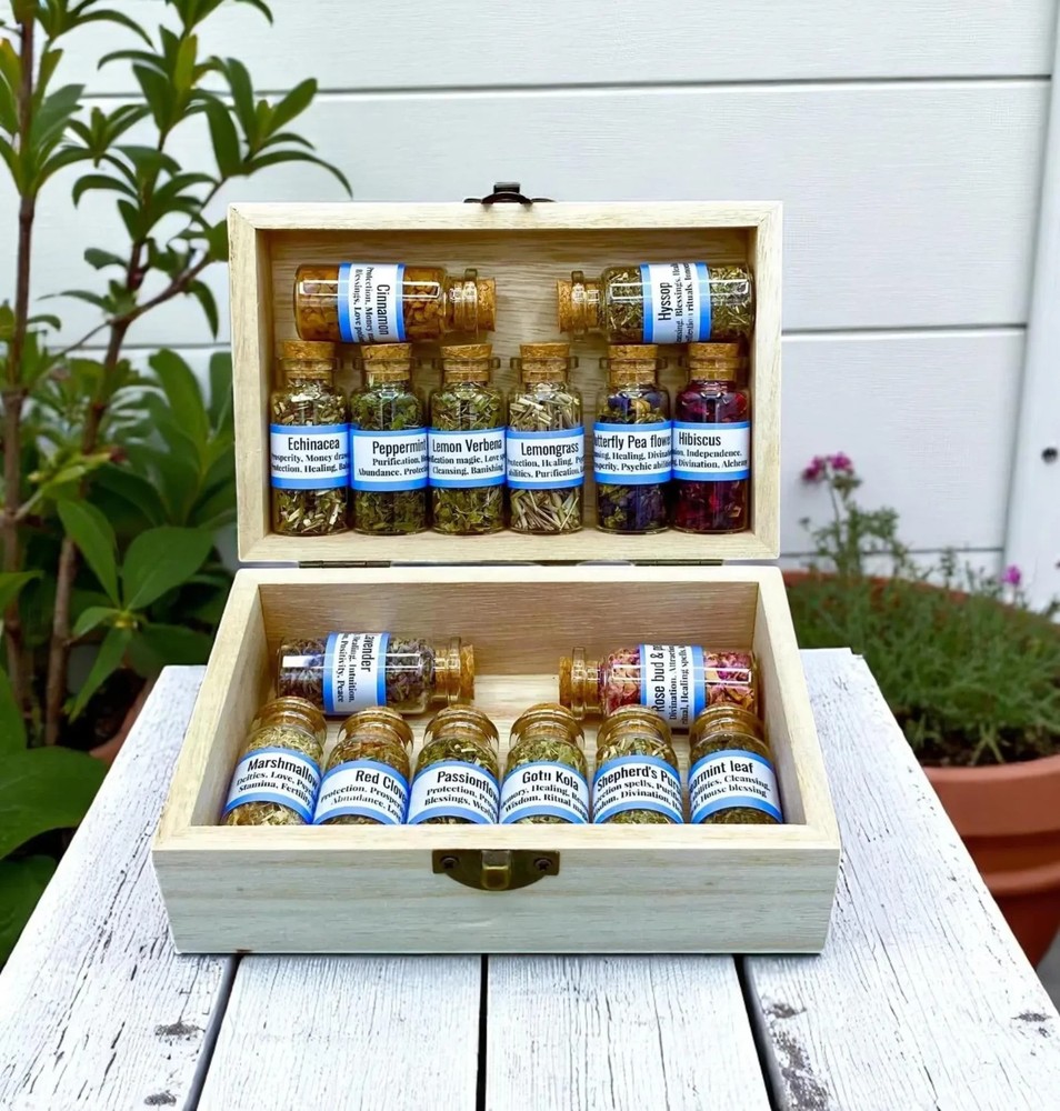 Wooden Apothecary Witchy Starter Kit, Glass Spell Bottle Herb Set