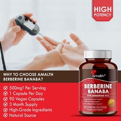 Berberine HCl + Banaba Extract 500mg 90 Capsules High Potency Blood Sugar Amalth