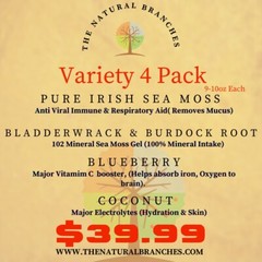 Variety 4pk 9-10oz each of (Irish Moss, Bladderwrack/Burdock, Blueberry,Coconut