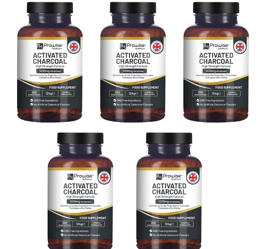 Activated Charcoal High Potency 1200mg 5X200 Caps Made in UK Prowise