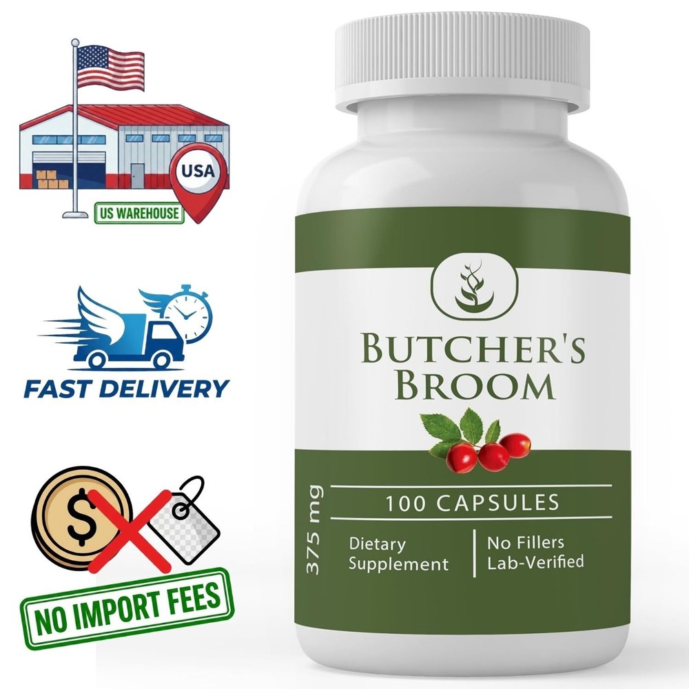 Butcher’s Broom Capsules 375mg Natural Saponin Supplement – 100 Count, 3 Months