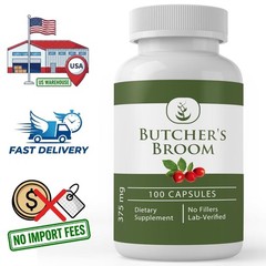 Butcher’s Broom Capsules 375mg Natural Saponin Supplement – 100 Count, 3 Months