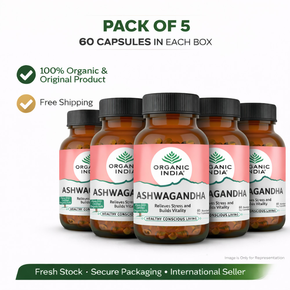 Organic India Ashwagandha 60 Veg Capsules 400mg Ayurvedic Herbal 5 Pack Energy