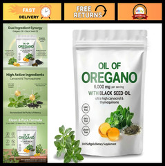 6000mg Oil of Oregano & Black Seed Oil, 300 Softgels, High Carvacrol, Non-GMO, G