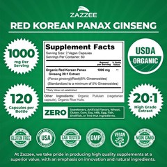 USDA Organic Red Korean Panax Ginseng 20:1 Extract, 1000 mg, 5% Ginsenosides,…