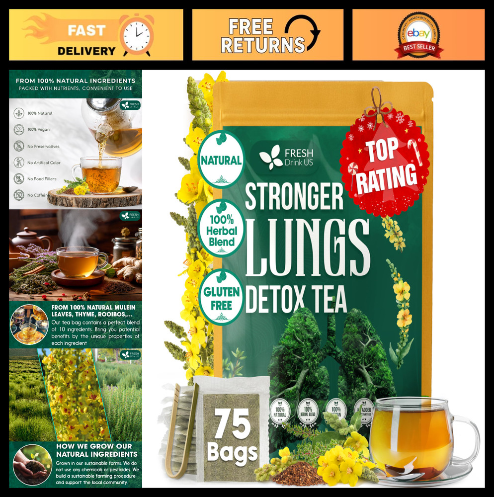 75 Tea Bags – Mullein Leaf, Ginseng, Elderberry, Ginger & Thyme – Lung Cleanse,