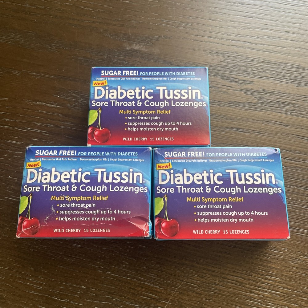 3 Diabetic Tussin Sore Throat Lozenges, Multi-Symptom Relief Cough Drops 15ct