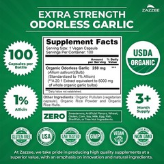 USDA Organic Odorless Garlic Extract 20:1, 100 Capsules for Heart Health