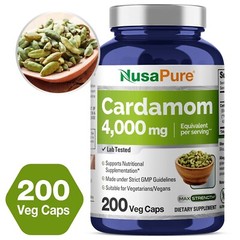 NusaPure Cardamom Extract 4000mg per serving – 200 Veg Caps Non-GMO Gluten Free