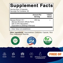 Bacopa Monnieri 2500mg Whole Plant 3X180 Caps Non GMO/No Gluten Made in the USA