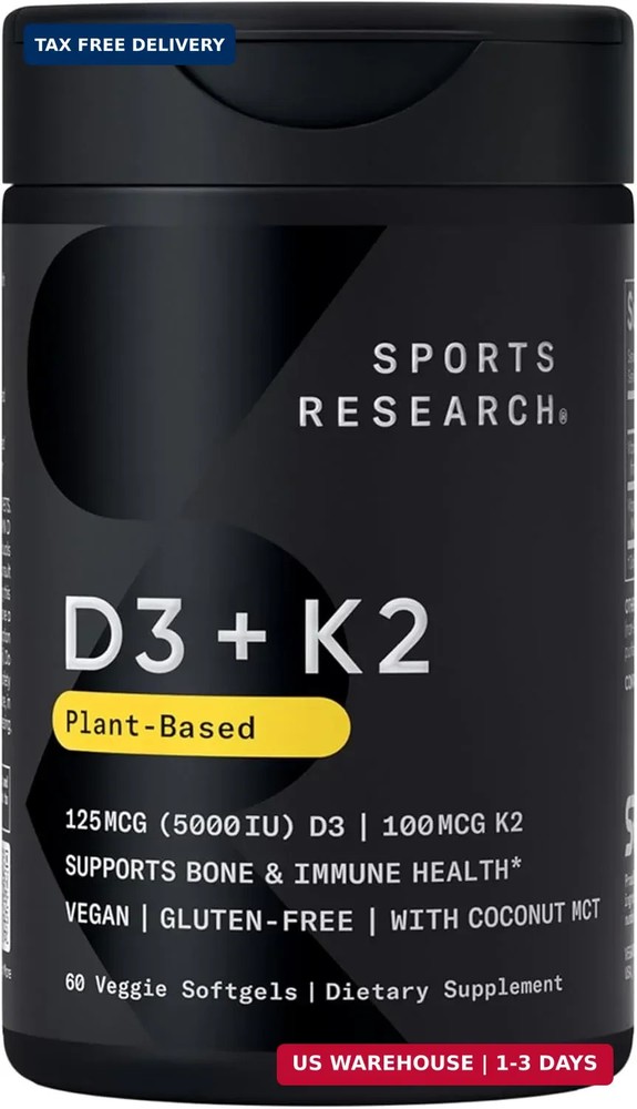 Sports Research® Vitamin D3 + K2 w/ Coconut Oil – Vegan Vitamin D 5000iu & Mk7 V