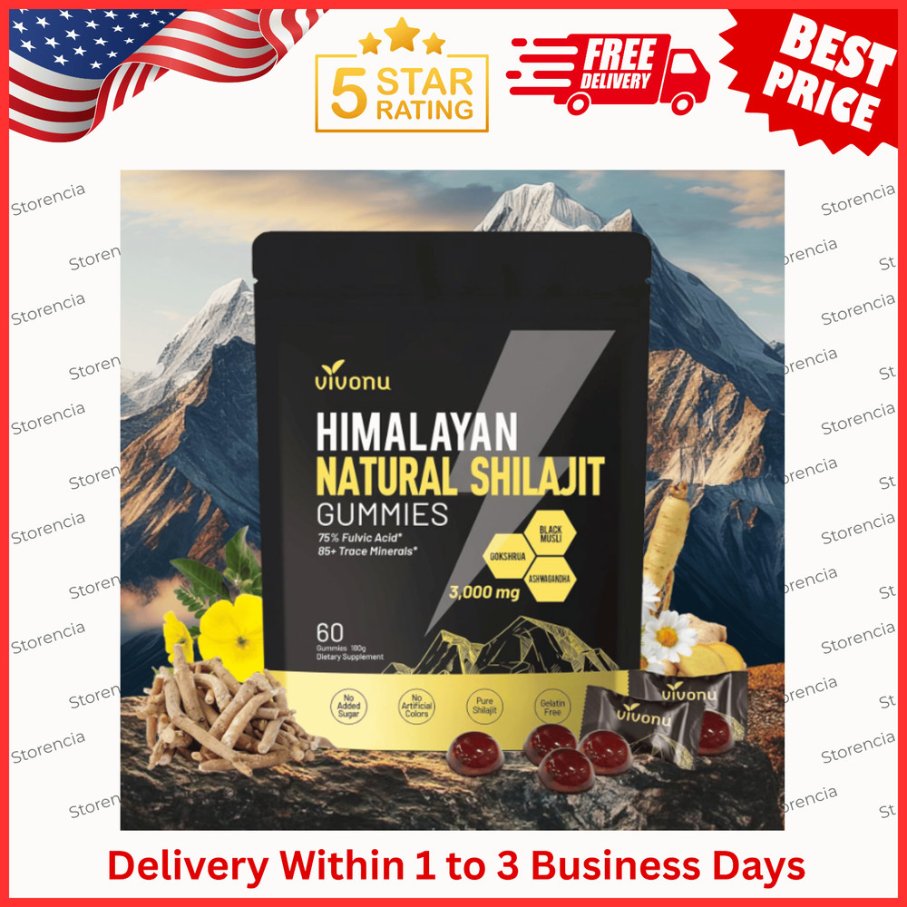 VivoNu Himalayan Shilajit Gummies 3000mg, Ashwagandha, Fulvic Acid, 60 Count