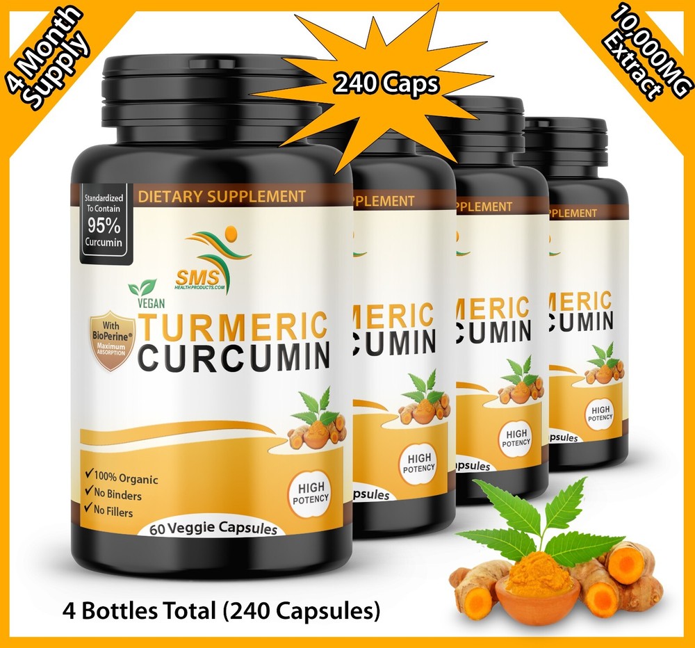 4X Turmeric Curcumin 95% With Black Pepper Pills Extra Strength Tumeric 240 Caps