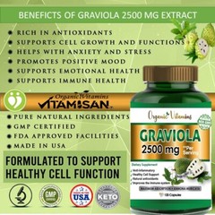 Graviola Capsules 2500mg 120 Pure Natural Soursop Capsules Leaves fruit Powder
