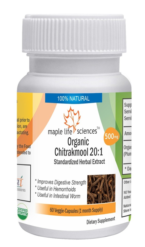 ORGANIC Chitrakmool 20:1 Extract Capsules Plumbago Zeylanica Pure No Fillers
