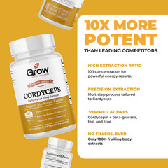 Grow Cordyceps Mushroom Extract Capsules 10:1 | Energy Endurance | 60 Ct