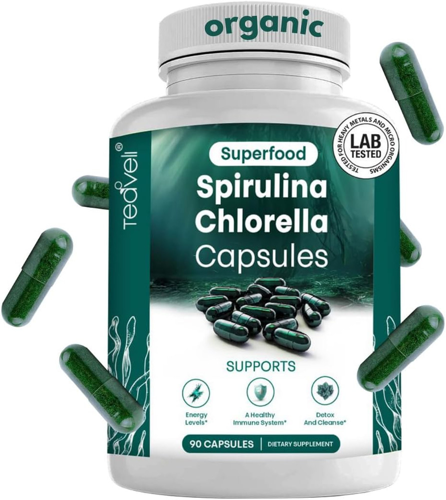 Organic Spirulina and Chlorella Capsules – Chlorophyll Pills & Blue Green Algae