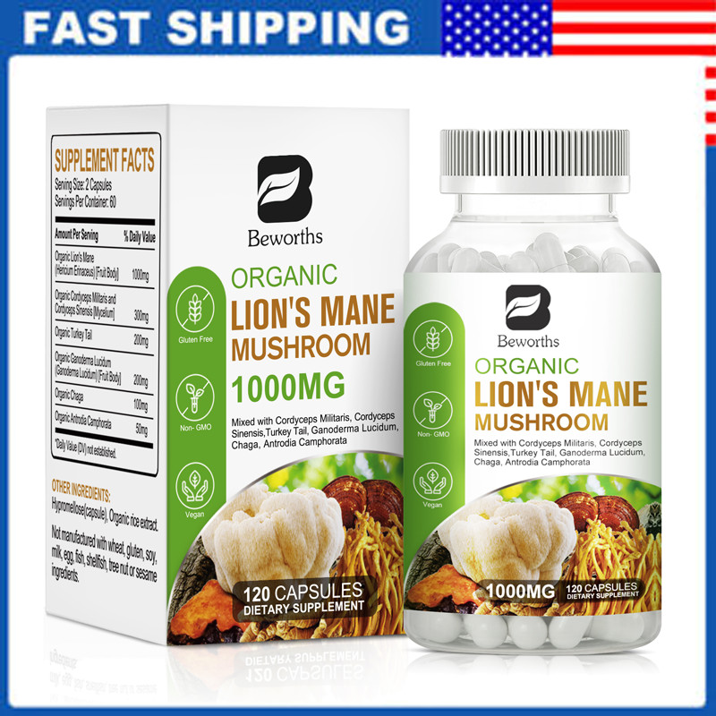 1000Mg Organic Lions Mane Mushroom Nootropic Brain Memory Focus Immune Support