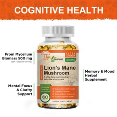 Qty60 Organic Lions Mane Mushroom Nootropic Capsules Brain Memory Immune Support