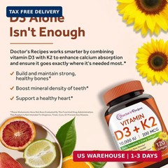 Doctor’s Recipes Vitamin D3 K2, 10,000 IU, 200 mcg, MK-7, Strong Bone Density, T