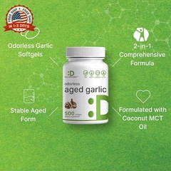 Odorless Aged Garlic, 500 Softgels – Enhanced with MCT Oil – Fresh Allium Sativu