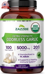 Zazzee USDA Organic Odorless Garlic 20:1 Extract, 1% Allicin, 100 Vegan Capsules