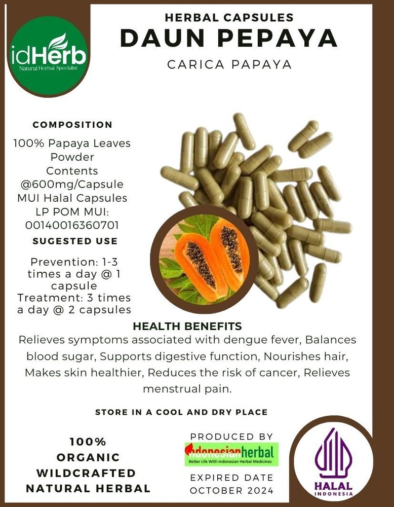 [idHerb] 100-500 CAPSULES daun pepaya Carica papaya Organic WildCrafted R