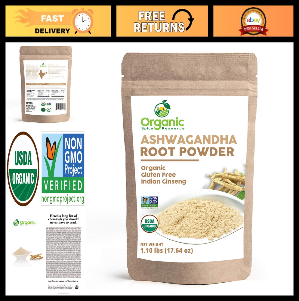 Organic Ashwagandha Root Powder 1.10 lbs | Non-GMO, Raw Indian Ginseng, Resealab