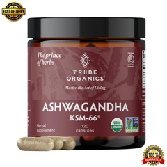 TRIBE ORGANICS Ashwagandha KSM 66 Pure Organic Root Powder Extract – 120 Capsule