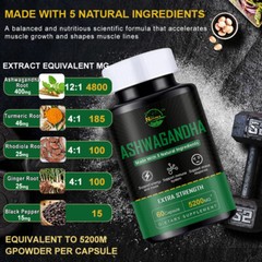 Organic Ashwagandha Capsules 5200mg Supplement w/ Black Pepper Root Powder 60Pcs