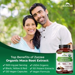 Zazzee USDA Organic Maca Root 10:1 Extract, Red, Black & Yellow Maca, 1500 mg