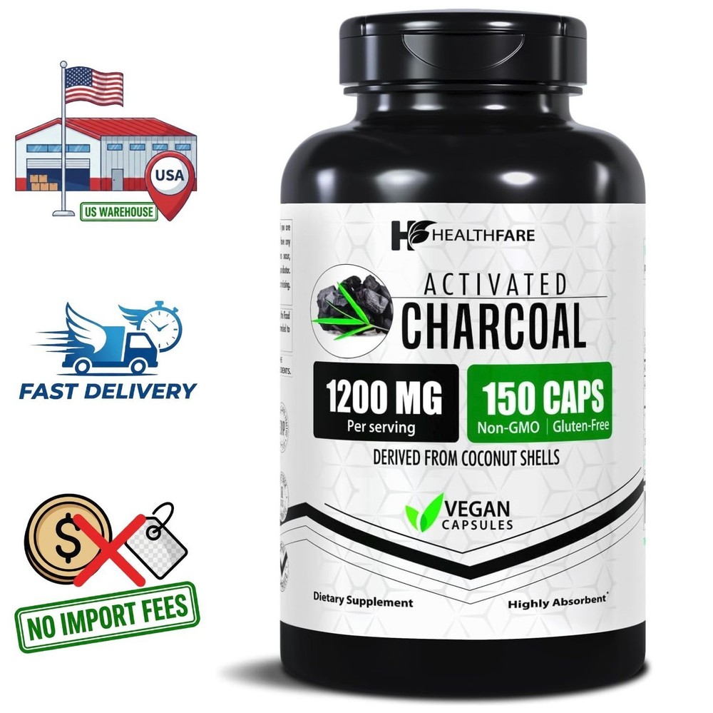 Activated Charcoal 1200mg from Organic Coconut Shells, 150 Vegan Capsules