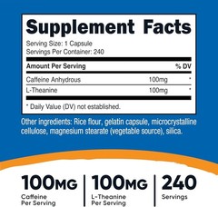 Cafeína con L-teanina, 100 mg de cada una, 240 cápsulas, 240 porciones Sin OMG