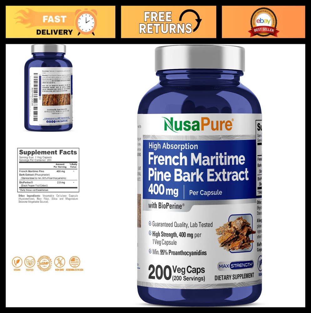 French Maritime Pine Bark Extract 400mg – 200 Veggie Caps, Non-GMO, Vegan, Biope