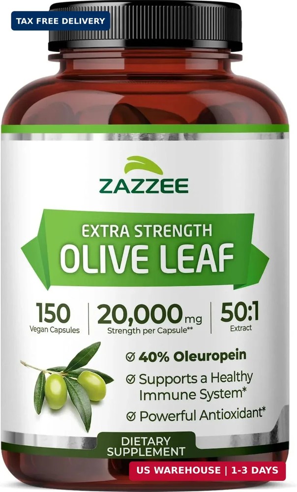 Zazzee Extra Strength Olive Leaf 50:1 Extract, 40% Oleuropein, 150 Vegan Capsule