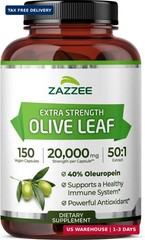 Zazzee Extra Strength Olive Leaf 50:1 Extract, 40% Oleuropein, 150 Vegan Capsule