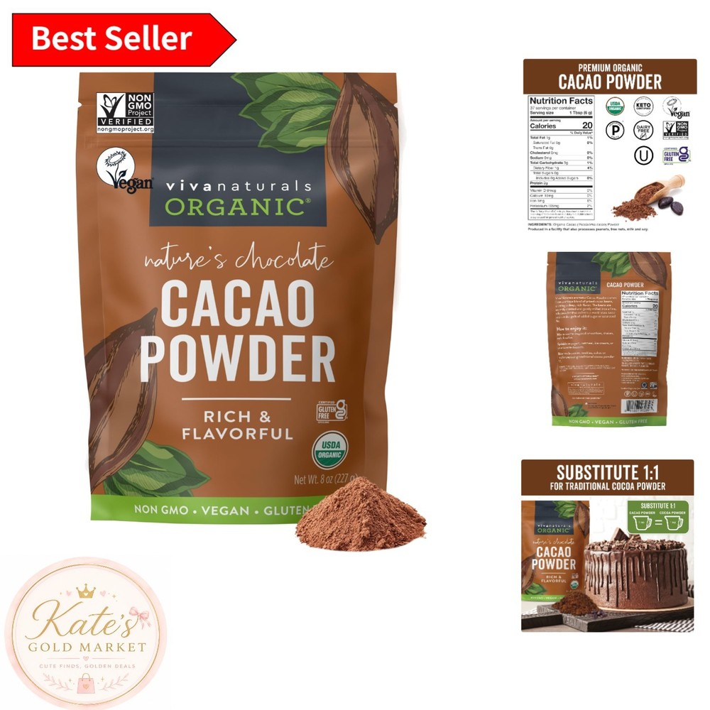 Organic Unsweetened Cacao Powder, 8 oz – Rich Dark Flavor for Keto & Diets