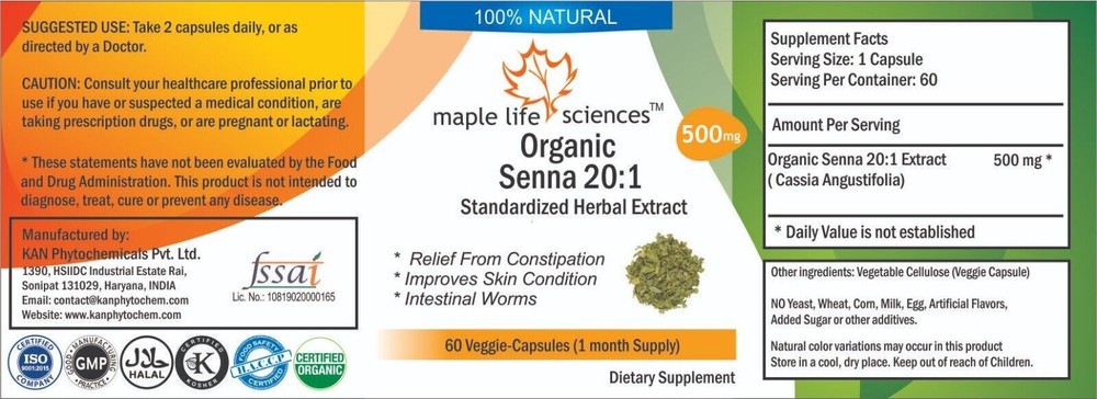 ORGANIC Senna 20:1 Extract Capsules Cassia Angustifolia Pure & High Quality