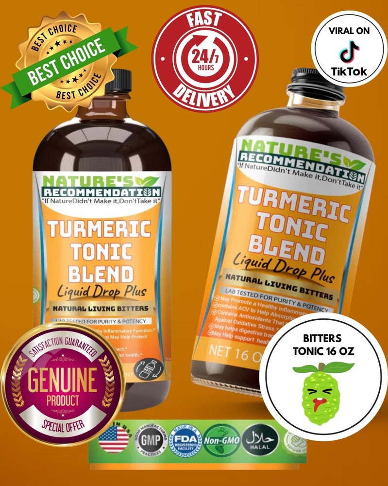Turmeric Tonic Blend Liquid Drop Plus living Bitters 16 oz w/ Alkalized Spring