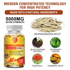 Organic Ashwagandha Capsules 5000mg 240 Capsules with Black Pepper Root Powder