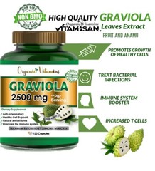 Graviola Capsules 2500mg 120 Pure Natural Soursop Capsules Leaves fruit Powder