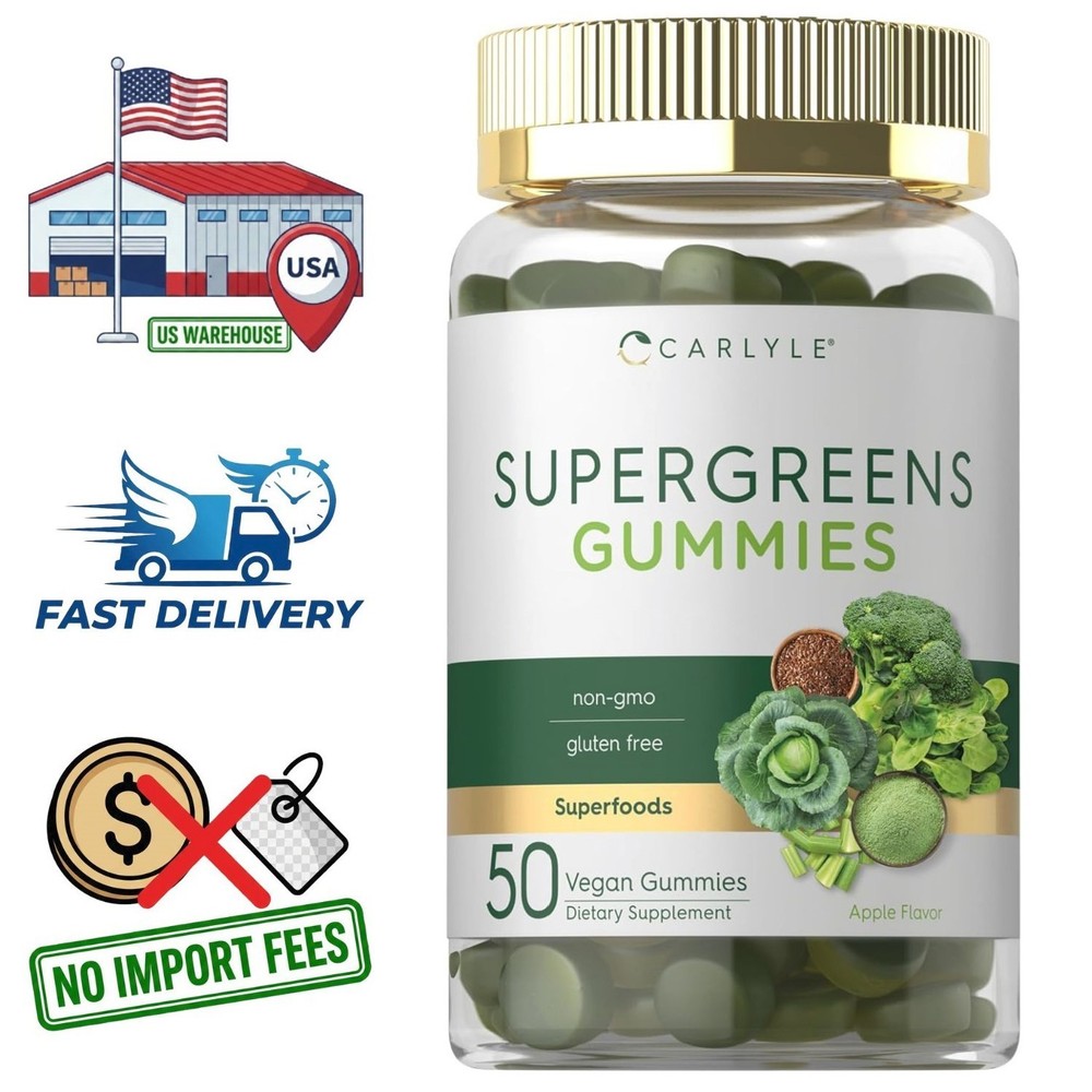 Supergreens w/Vitamins | 50 Gummies | Vegan, Non-GMO, Gluten Free | Apple Flavor